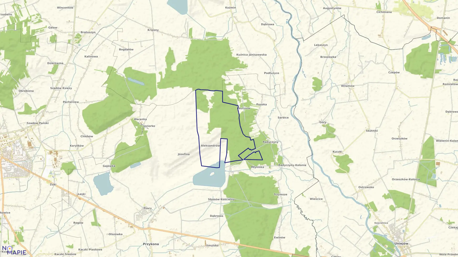 Mapa obrębu Aleksandrów w gminie Przykona