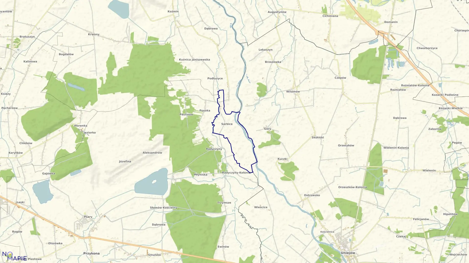 Mapa obrębu Sarbice w gminie Przykona